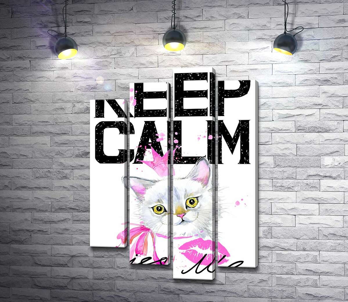 

Модульная картина ArtPoster Белая кошка-принцесса среди надписи "keep calm and kiss me" 100x147 см Модуль №21
