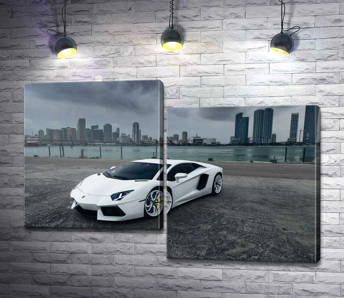 

Модульная картина ArtPoster Белоснежный автомобиль Ламборгини на фоне предгрозового мегаполиса 100x68 см Модуль №5