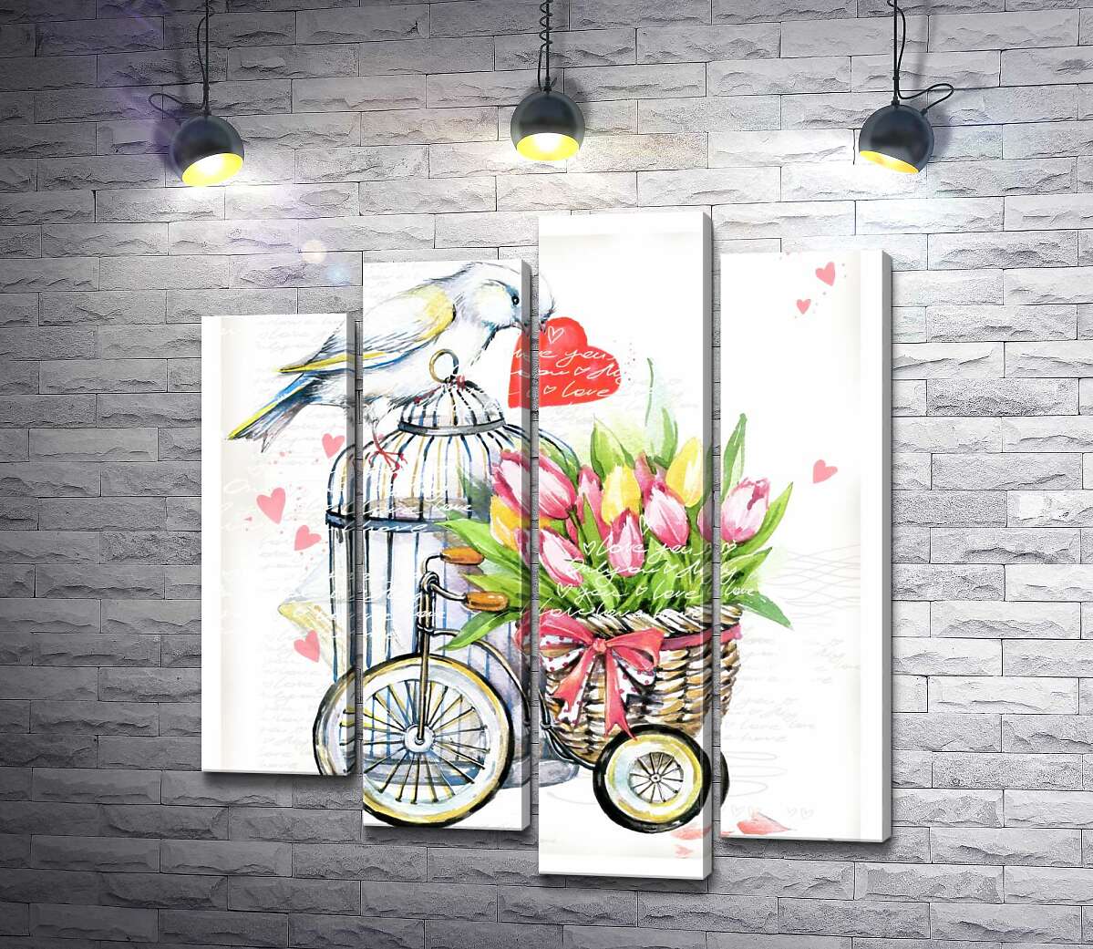 

Модульная картина ArtPoster Белая птица держит сердце в клюве рядом с корзиной весенних тюльпанов на велосипеде 100x111 см Модуль №21