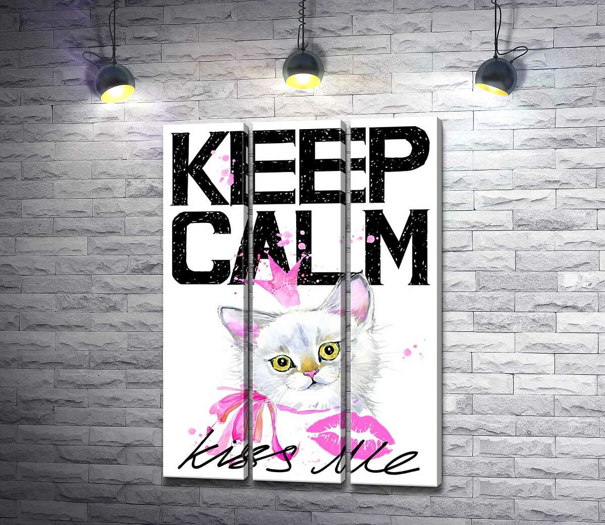 

Модульная картина ArtPoster Белая кошка-принцесса среди надписи "keep calm and kiss me" 132x190 см Модуль №11