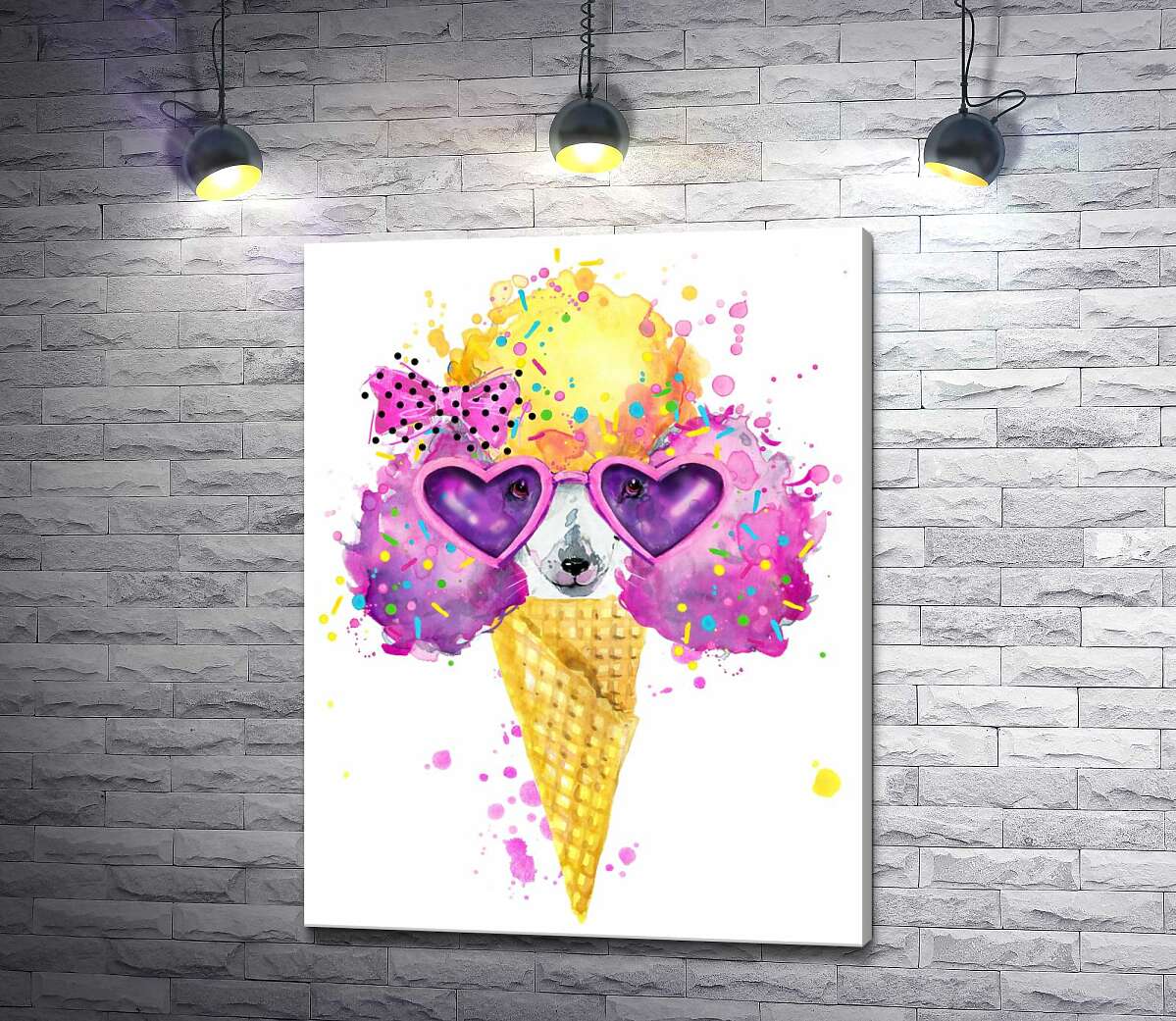 

Картина ArtPoster Розовый пудель с желтой челкой выглядывает из рожка мороженого 130x170 см Модуль №1