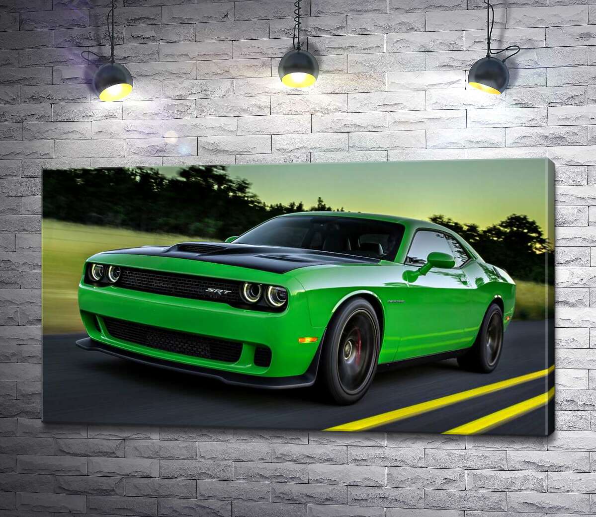 

Картина ArtPoster Сочно-зеленый автомобиль Dodge Challenger Hellcat несется по дороге 100x56 см Модуль №1