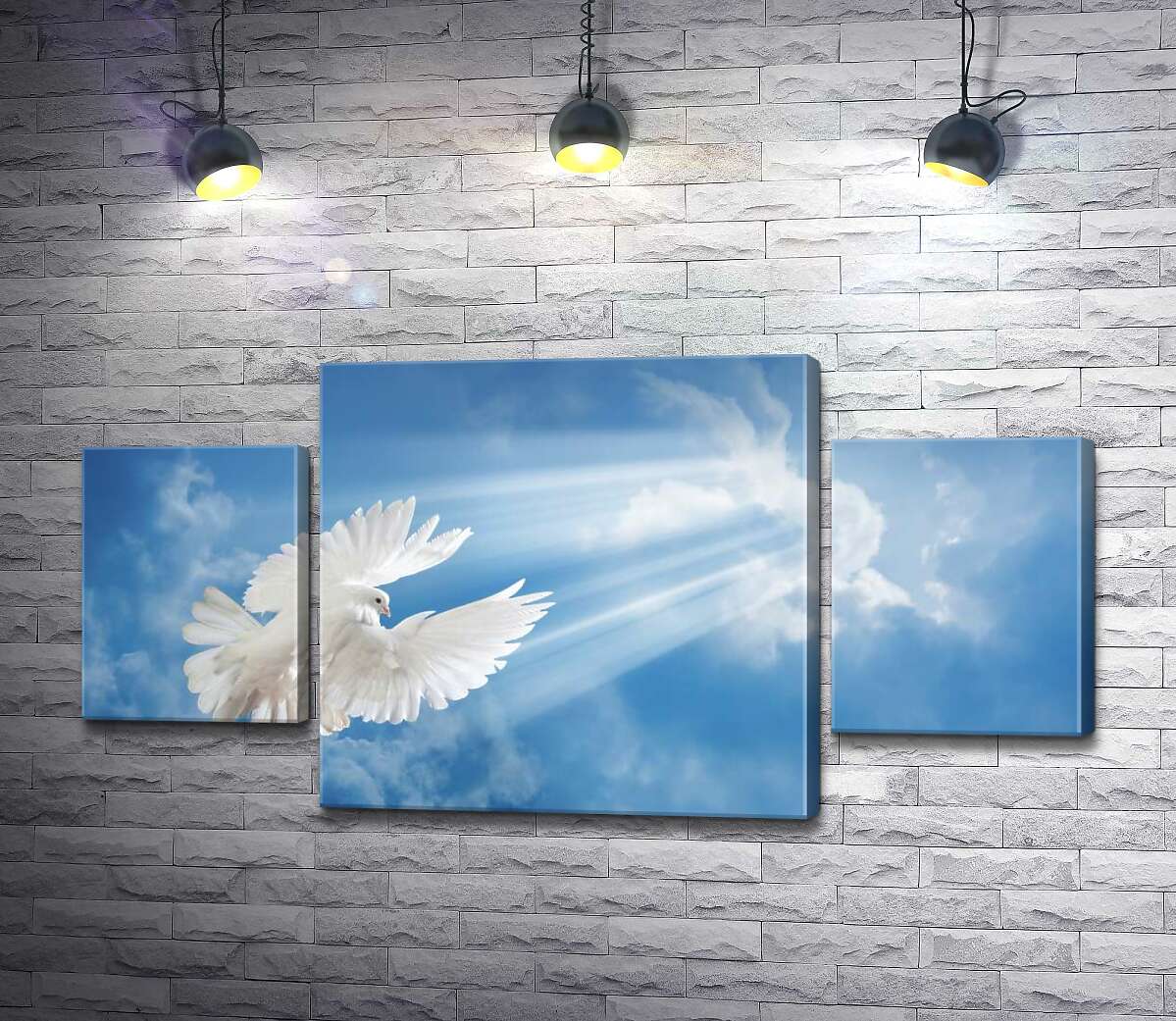 

Модульная картина ArtPoster Белокрылый голубь в лучах солнца поднимается в небо 131x69 см Модуль №7