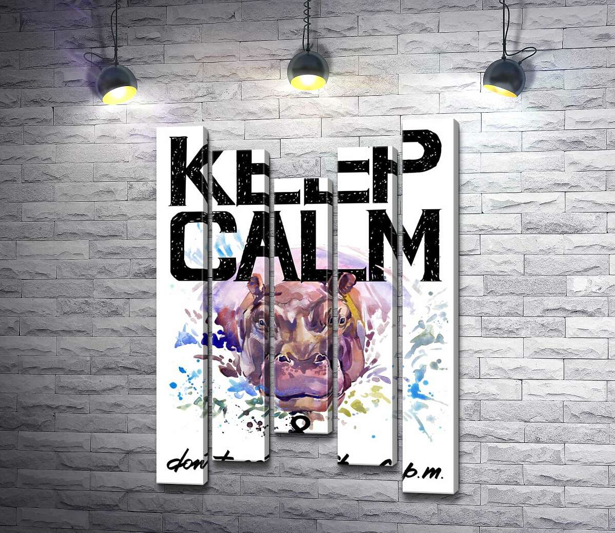 

Модульная картина ArtPoster Бегемот выглядывает из воды между надписью "keep calm and don't eat after 6 p.m." 130x192 см Модуль №28