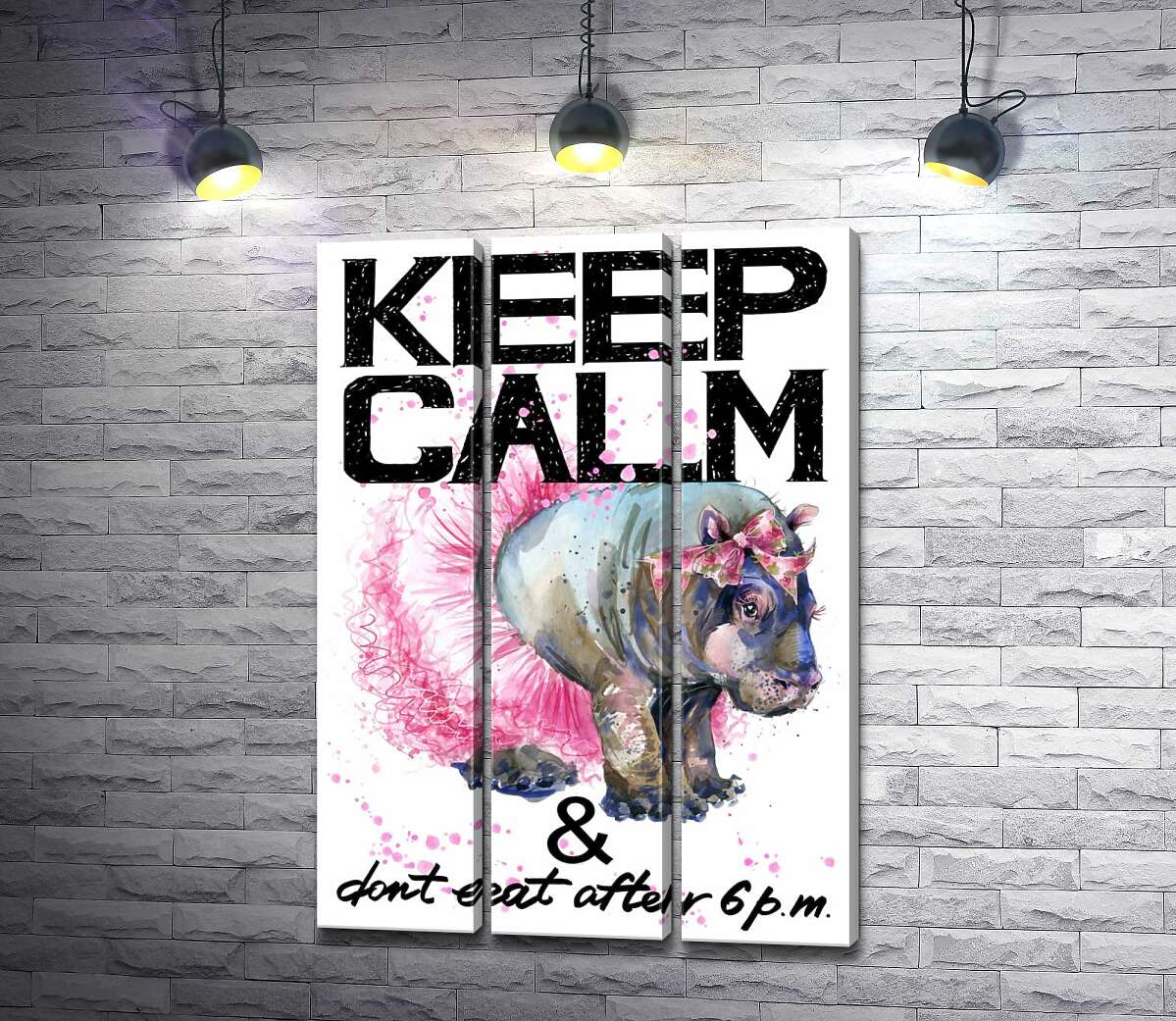 

Модульная картина ArtPoster Бегемот балерина среди надписи "keep calm and don't eat after 6 p.m." 132x190 см Модуль №11