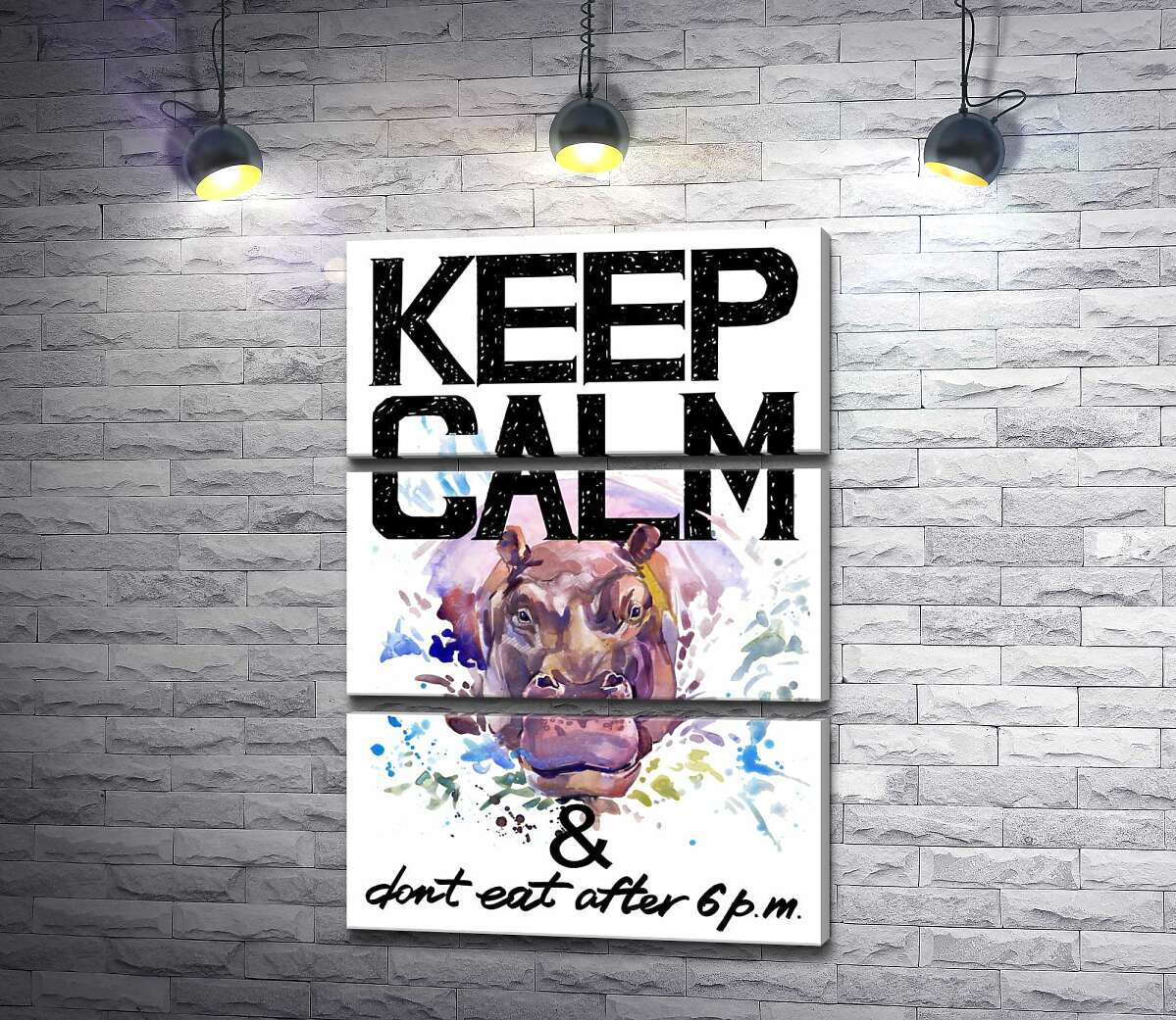 

Модульная картина ArtPoster Бегемот выглядывает из воды между надписью "keep calm and don't eat after 6 p.m." 50x75 см Модуль №13