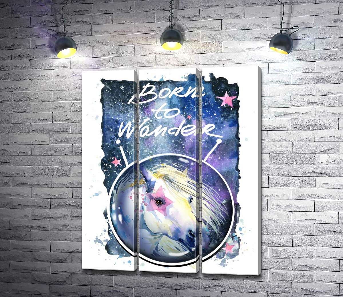 

Модульная картина ArtPoster Белая лошадь с розовой звездой на глазу под надписью "born to wander" 132x166 см Модуль №11