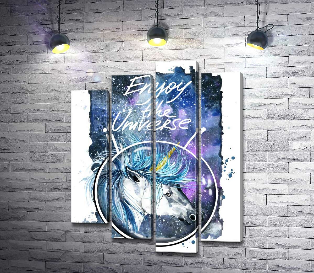 

Модульная картина ArtPoster Голубая грива единорога развевается в космическом пространстве рядом с надписью "Enjoy the Universe" 132x168 см Модуль №21