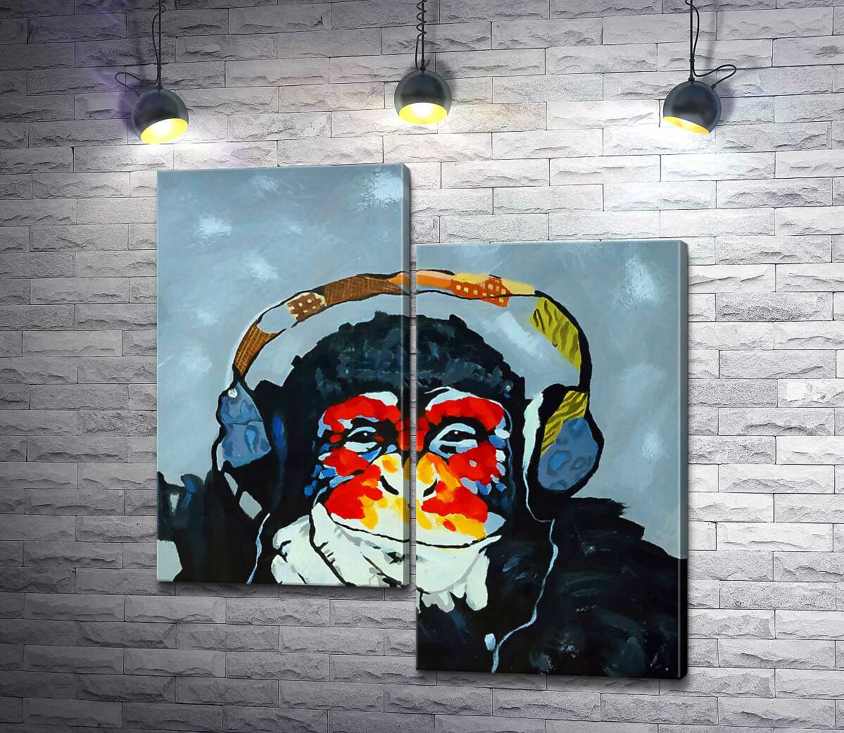 

Модульная картина ArtPoster Горилла задумчиво слушает музыку в наушниках 130x136 см Модуль №5