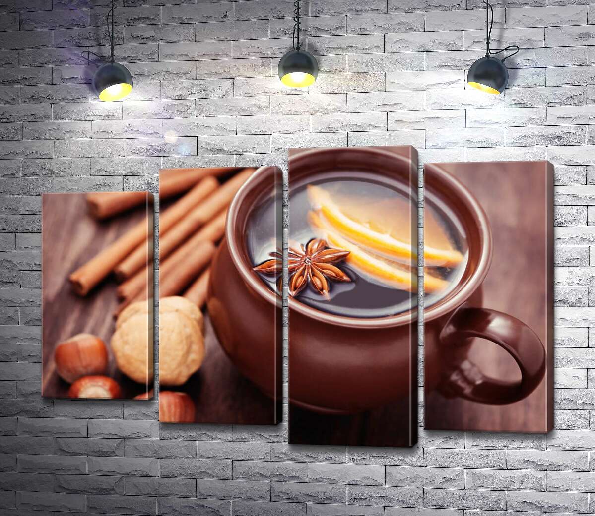 

Модульная картина ArtPoster Глиняная чашка с глинтвейном, цитрусами и бадьяном рядом с корицей, мускатным и лесными орехами 100x69 см Модуль №21