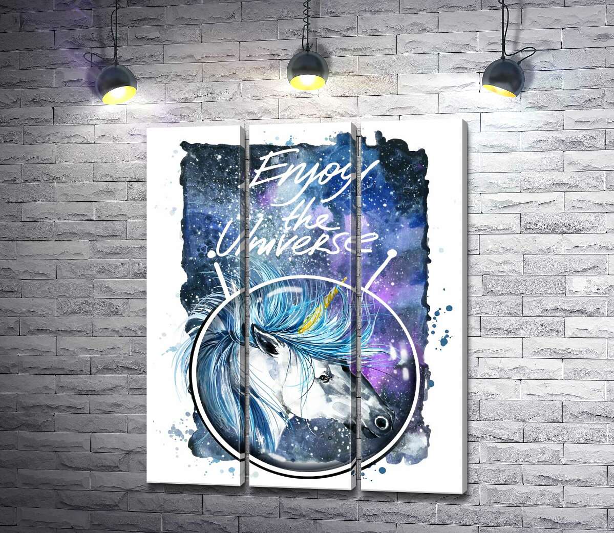 

Модульная картина ArtPoster Голубая грива единорога развевается в космическом пространстве рядом с надписью "Enjoy the Universe" 132x166 см Модуль №11