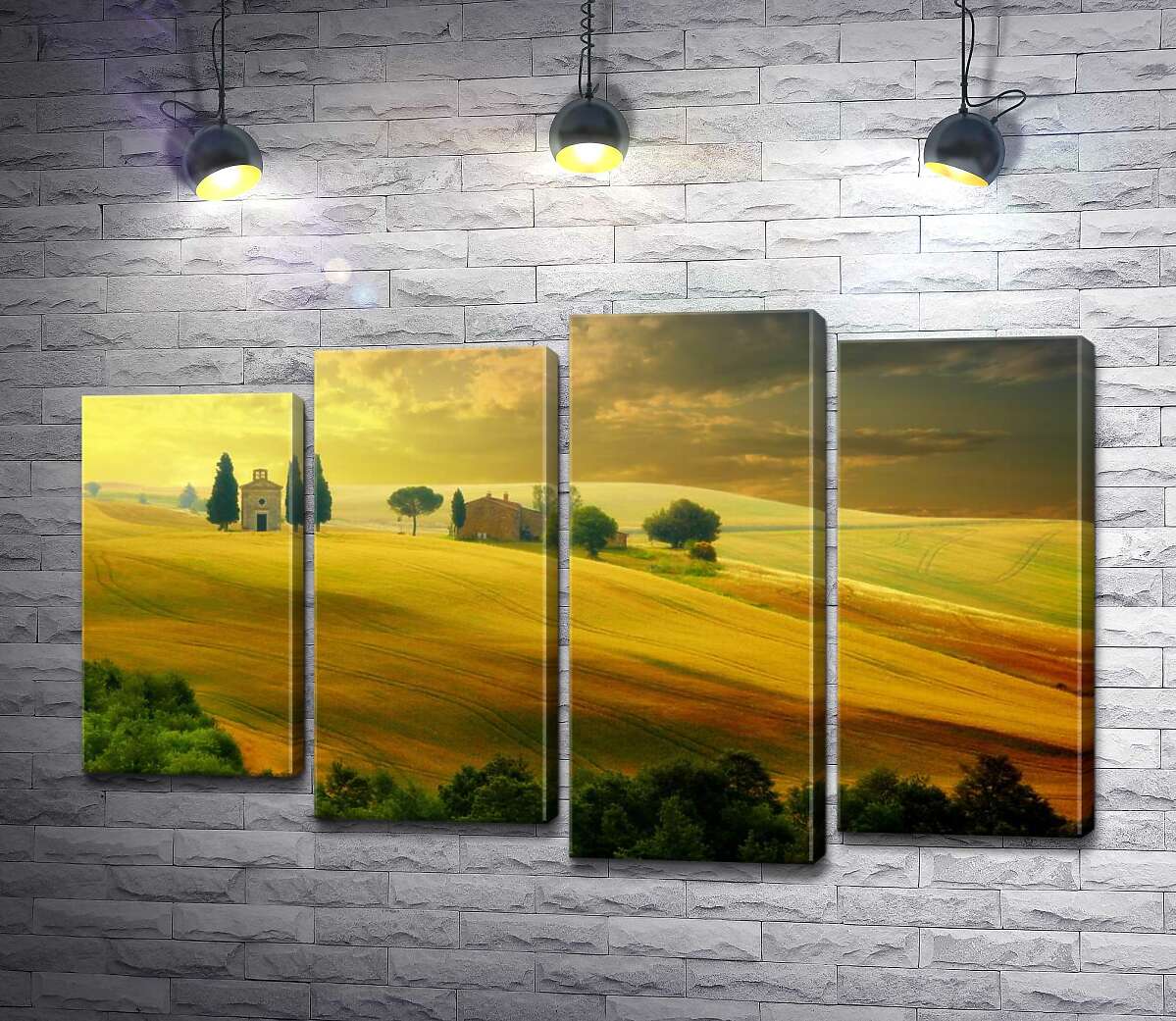 

Модульная картина ArtPoster Древняя ферма потерялась в желтых холмах полей 132x83 см Модуль №21