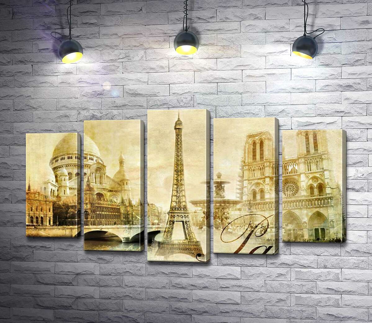 

Модульная картина ArtPoster Главные здания Парижа: Эйфелева башня (Eiffel tower), Нотр-Дам-де-Пари (Notre dame de Paris) и базилика Сакре-Кер (Basilique du Sacre Cœur) 100x59 см Модуль №26