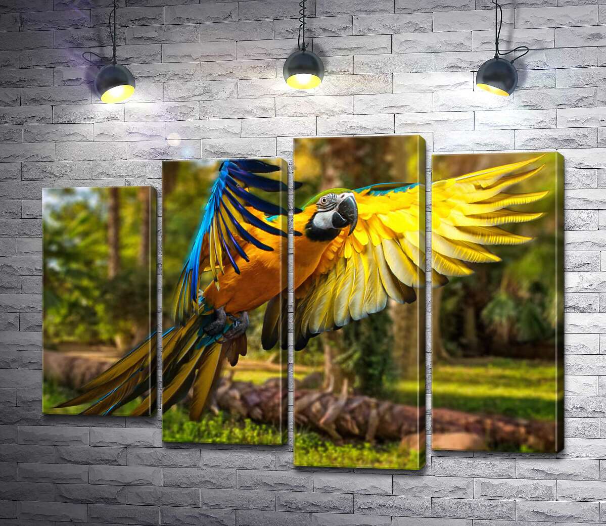

Модульная картина ArtPoster Голубо-желтый попугай ара расправляет крылья в полете 100x74 см Модуль №21