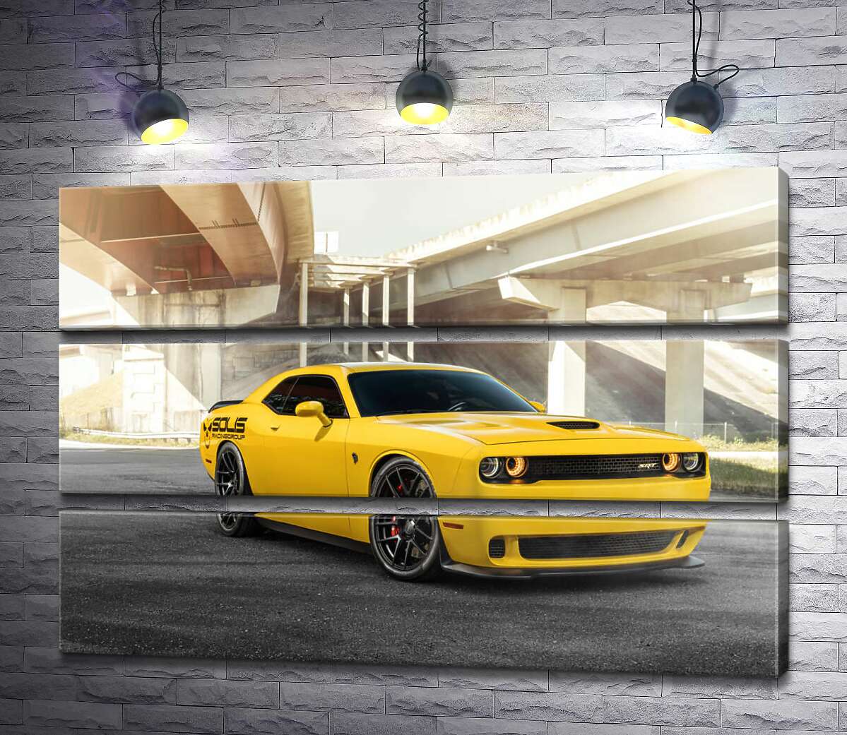 

Модульная картина ArtPoster Желтый автомобиль Dodge Challenger Hellcat остановился под мостом 90x60 см Модуль №13