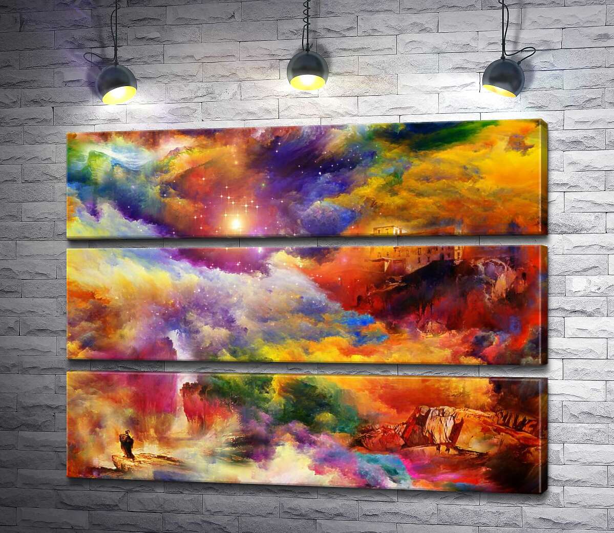 

Модульная картина ArtPoster Дом над обрывом и скалистый водопад спрятались в мареве радужных облаков 130x99 см Модуль №13