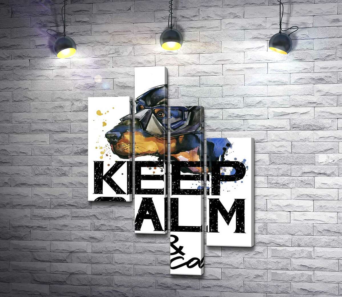 

Модульная картина ArtPoster Доберман в маске Бэтмена среди надписи "keep calm and be cool" 130x191 см Модуль №20