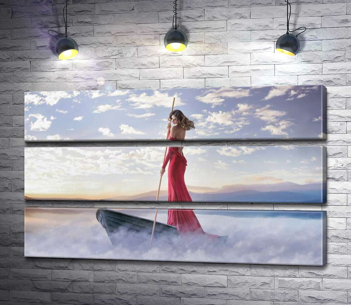 

Модульная картина ArtPoster Девушка в соблазнительном платье плывет туманным озером на лодке 106x60 см Модуль №13