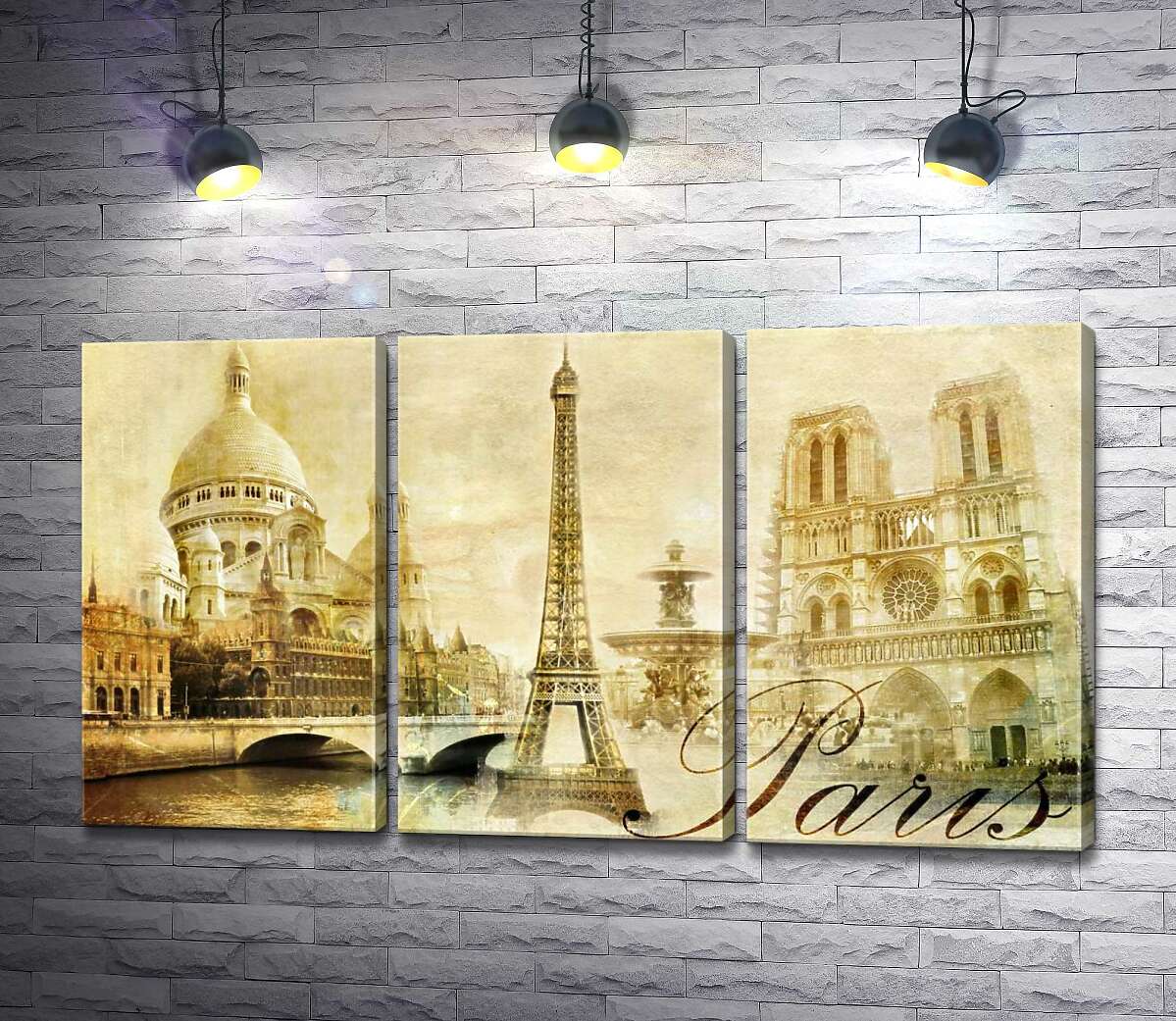 

Модульная картина ArtPoster Главные здания Парижа: Эйфелева башня (Eiffel tower), Нотр-Дам-де-Пари (Notre dame de Paris) и базилика Сакре-Кер (Basilique du Sacre Cœur) 102x57 см Модуль №11
