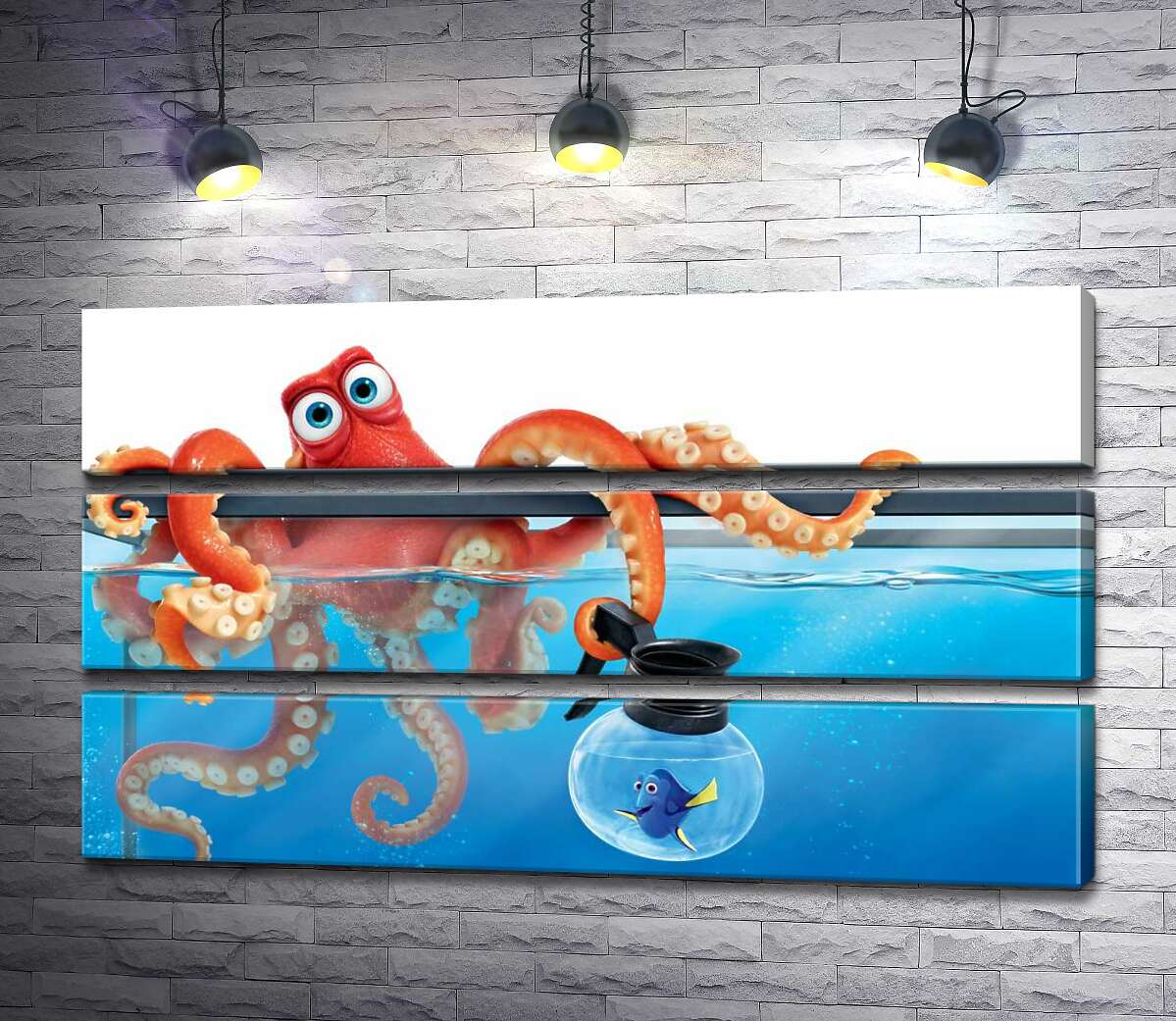 

Модульная картина ArtPoster Герои мультфильма "В поисках Дори" (Finding Dory) осьминог Хэнк и рыба Дори в аквариумах 107x60 см Модуль №13