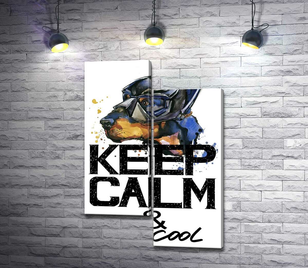 

Модульная картина ArtPoster Доберман в маске Бэтмена среди надписи "keep calm and be cool" 130x191 см Модуль №5
