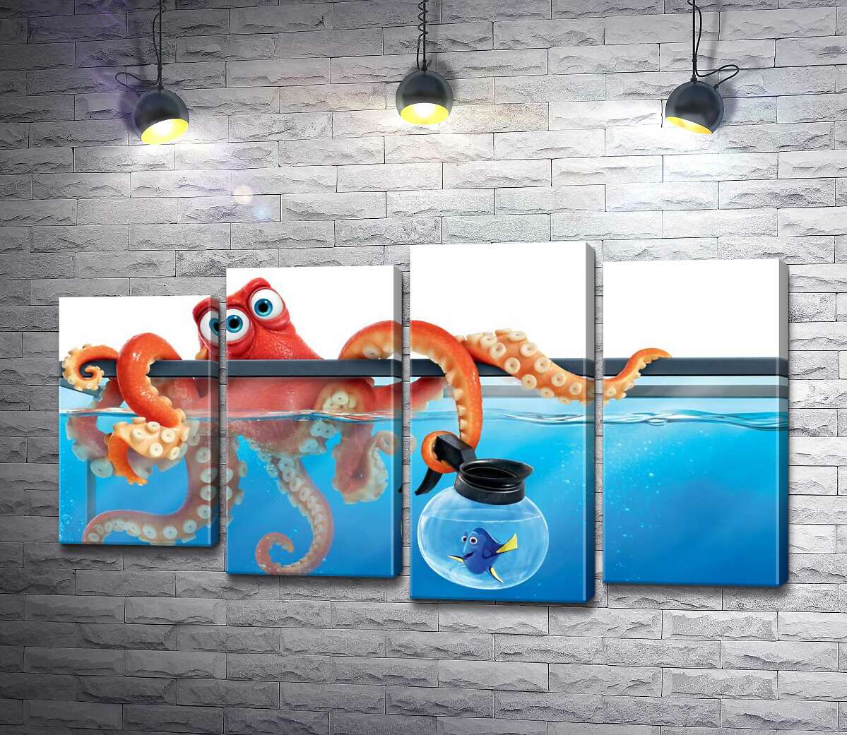 

Модульная картина ArtPoster Герои мультфильма "В поисках Дори" (Finding Dory) осьминог Хэнк и рыба Дори в аквариумах 80x47 см Модуль №21