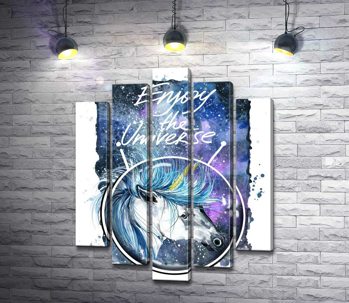 

Модульная картина ArtPoster Голубая грива единорога развевается в космическом пространстве рядом с надписью "Enjoy the Universe" 100x130 см Модуль №26