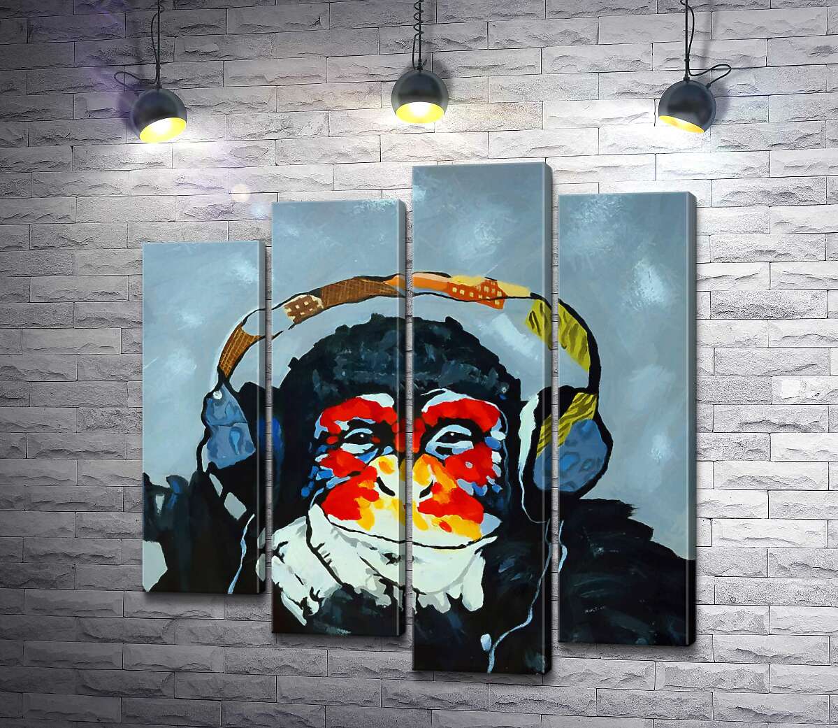 

Модульная картина ArtPoster Горилла задумчиво слушает музыку в наушниках 132x137 см Модуль №21