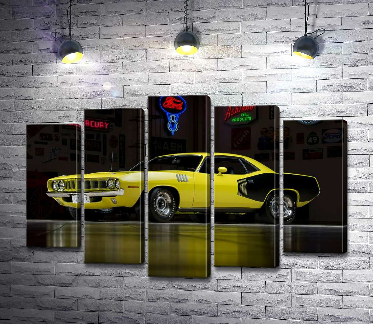 

Модульная картина ArtPoster Желтый спортивный автомобиль Plymouth Barracuda, родом из 70-х 130x88 см Модуль №26