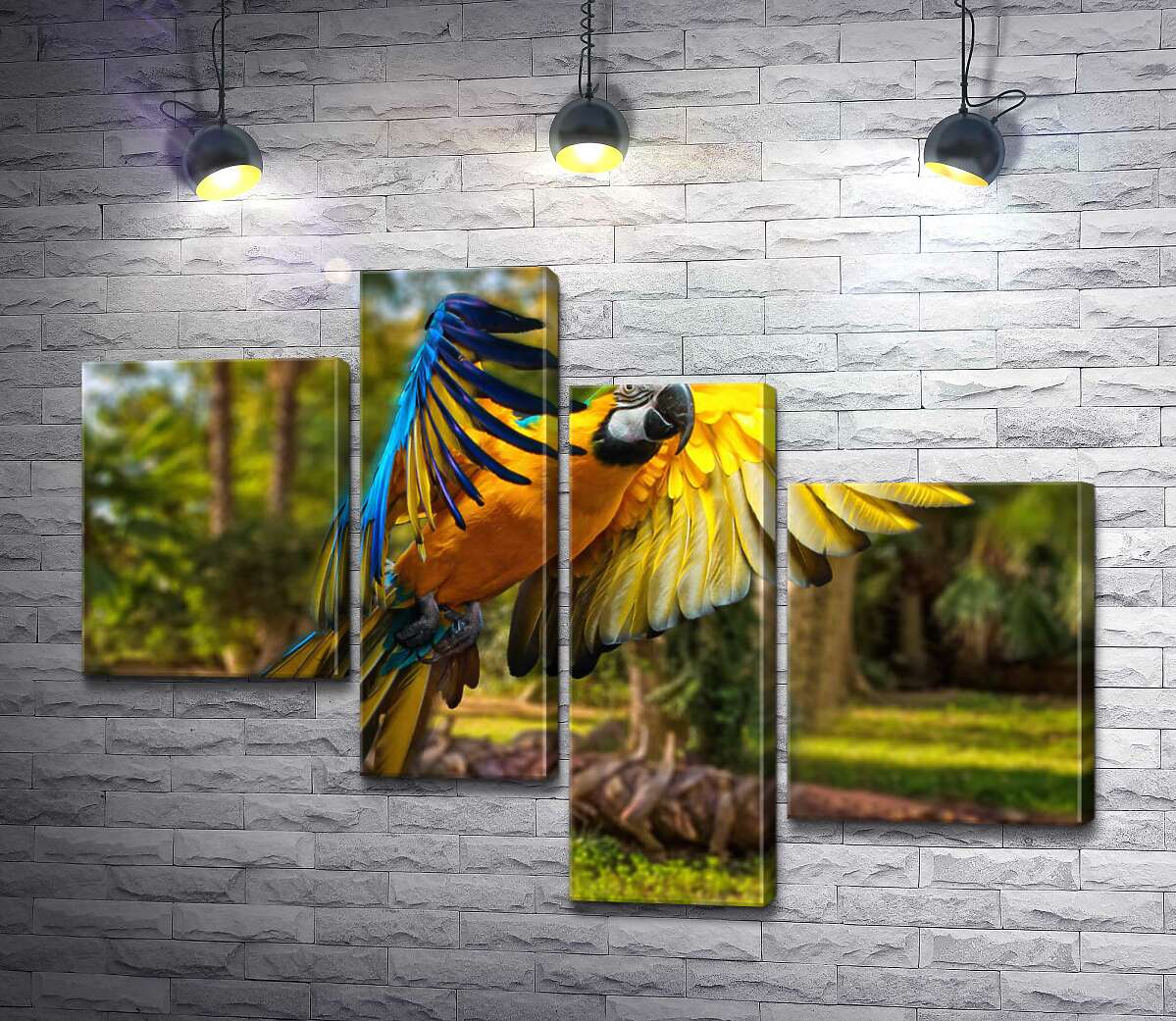 

Модульная картина ArtPoster Голубо-желтый попугай ара расправляет крылья в полете 100x73 см Модуль №20