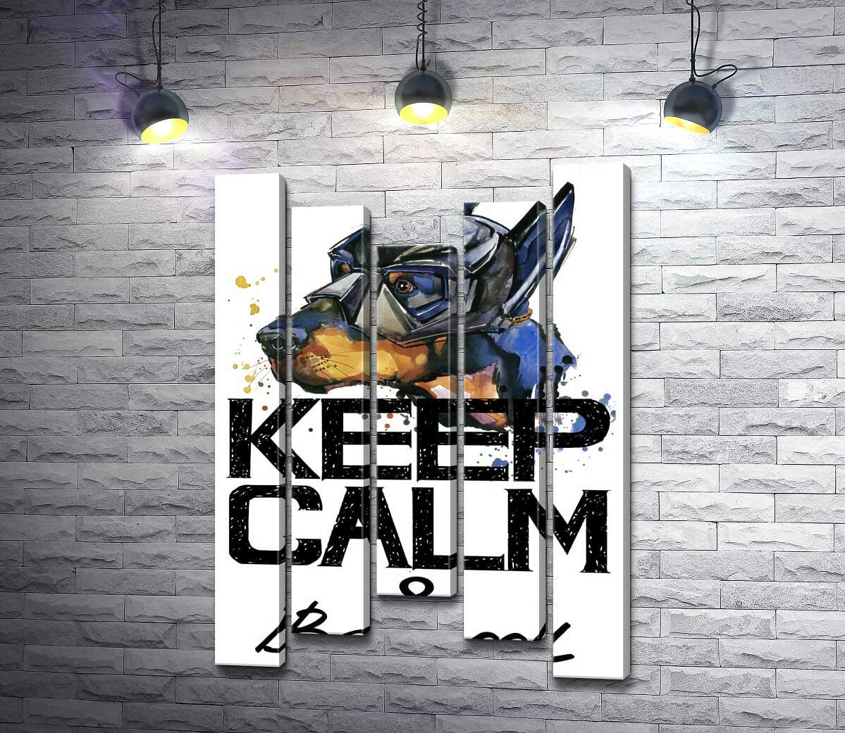 

Модульная картина ArtPoster Доберман в маске Бэтмена среди надписи "keep calm and be cool" 130x192 см Модуль №28