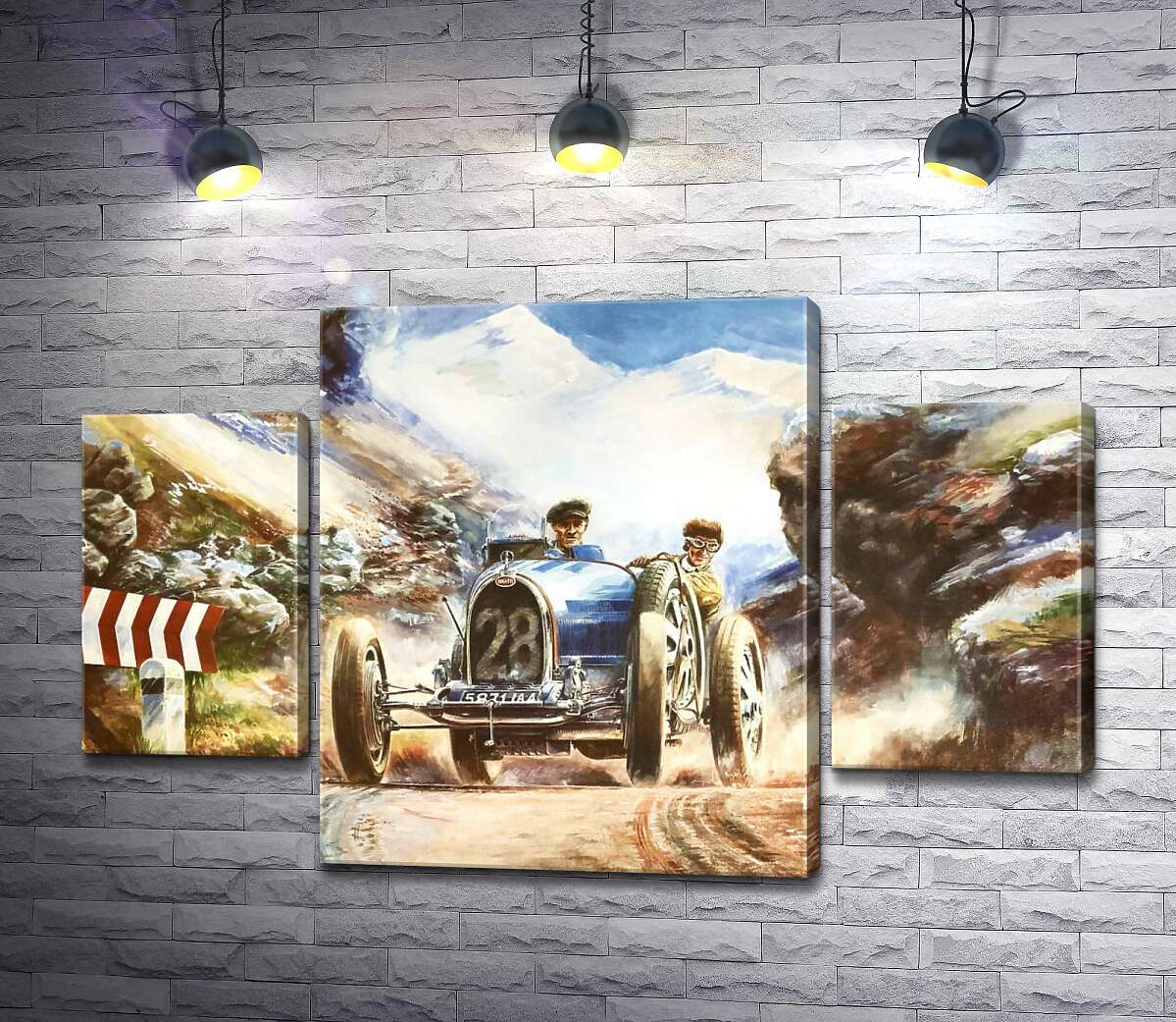 

Модульная картина ArtPoster Гоночный автомобиль Bugatti Type 35 на трассе среди заснеженных Альп 131x84 см Модуль №7