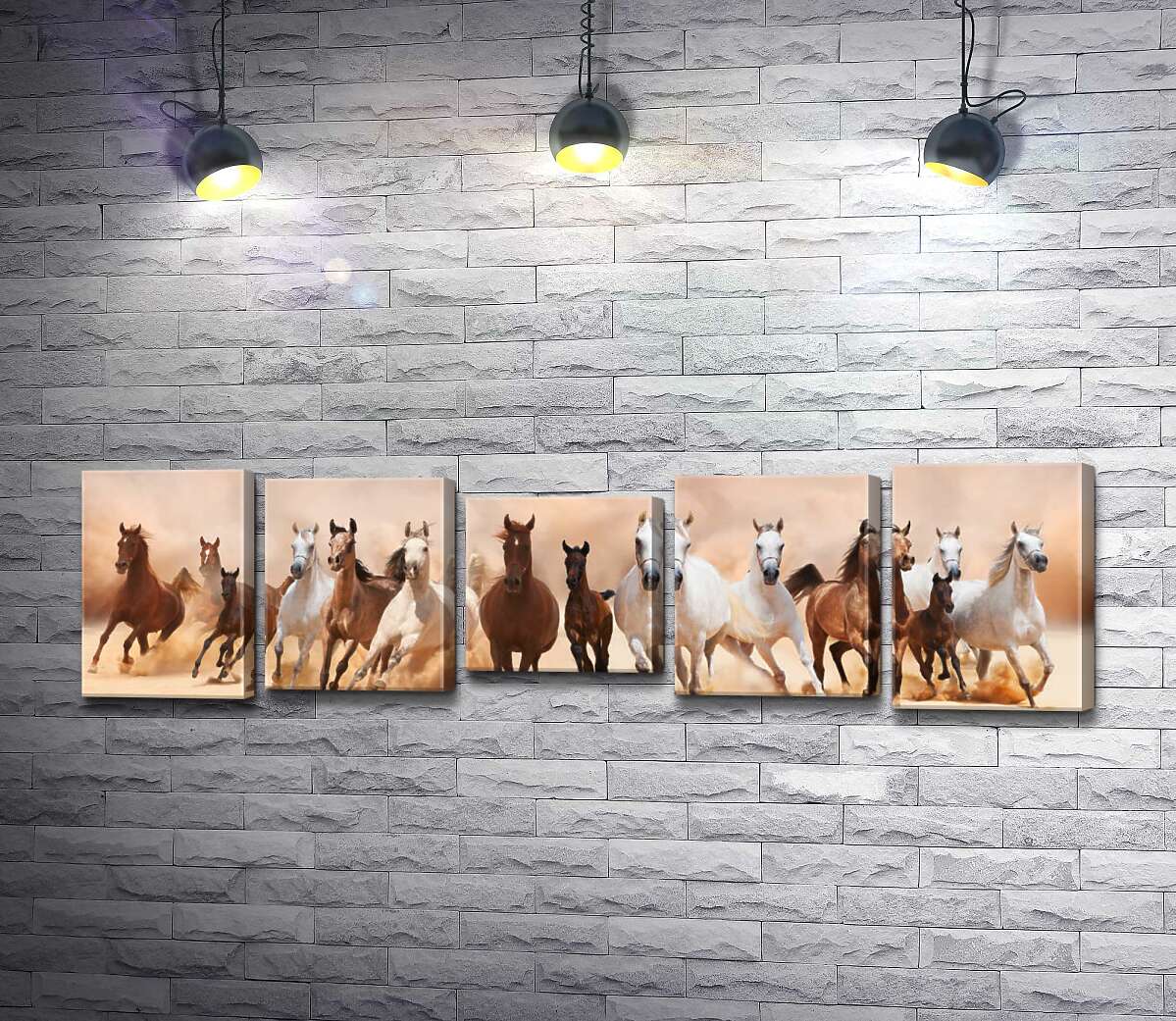 

Модульная картина ArtPoster Гнедые и белые кони грациозно скачут в табуне 105x31 см Модуль №28