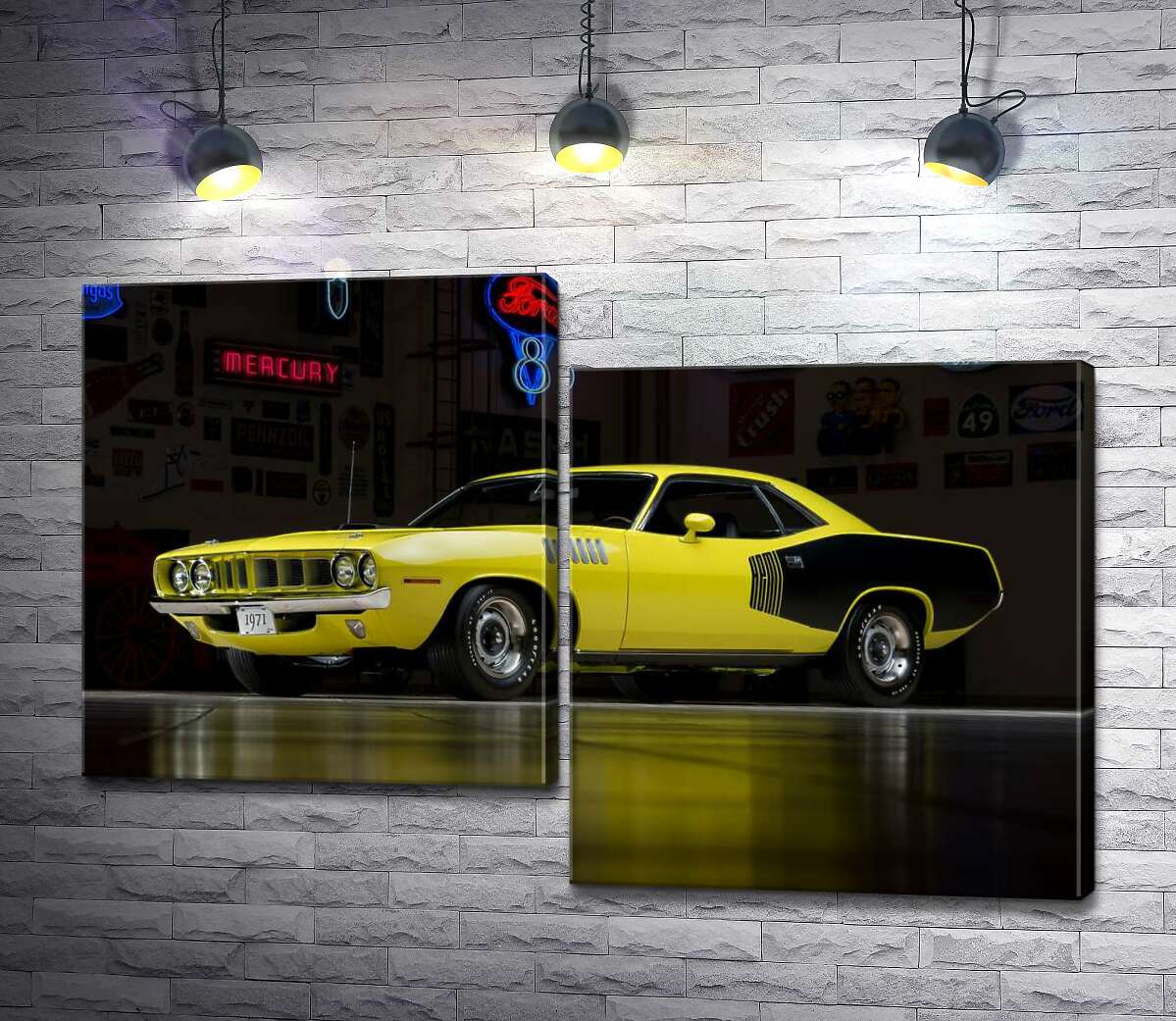 

Модульная картина ArtPoster Желтый спортивный автомобиль Plymouth Barracuda, родом из 70-х 130x88 см Модуль №5