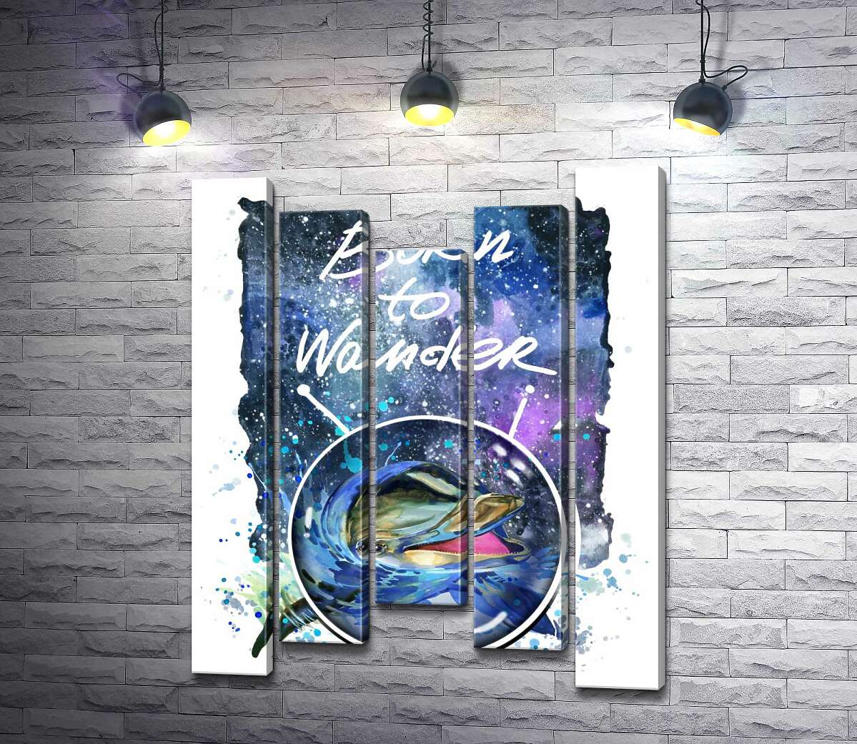 

Модульная картина ArtPoster Дельфин выглядывает из воды в космическое пространство рядом с названием "born to wander" 130x168 см Модуль №28