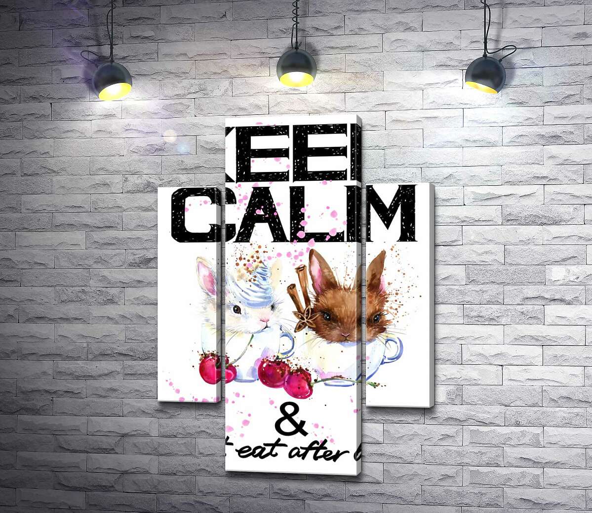 

Модульная картина ArtPoster Зайцы в чашках с кофе между надписью "keep calm and don't eat after 6 p.m." 131x190 см Модуль №7