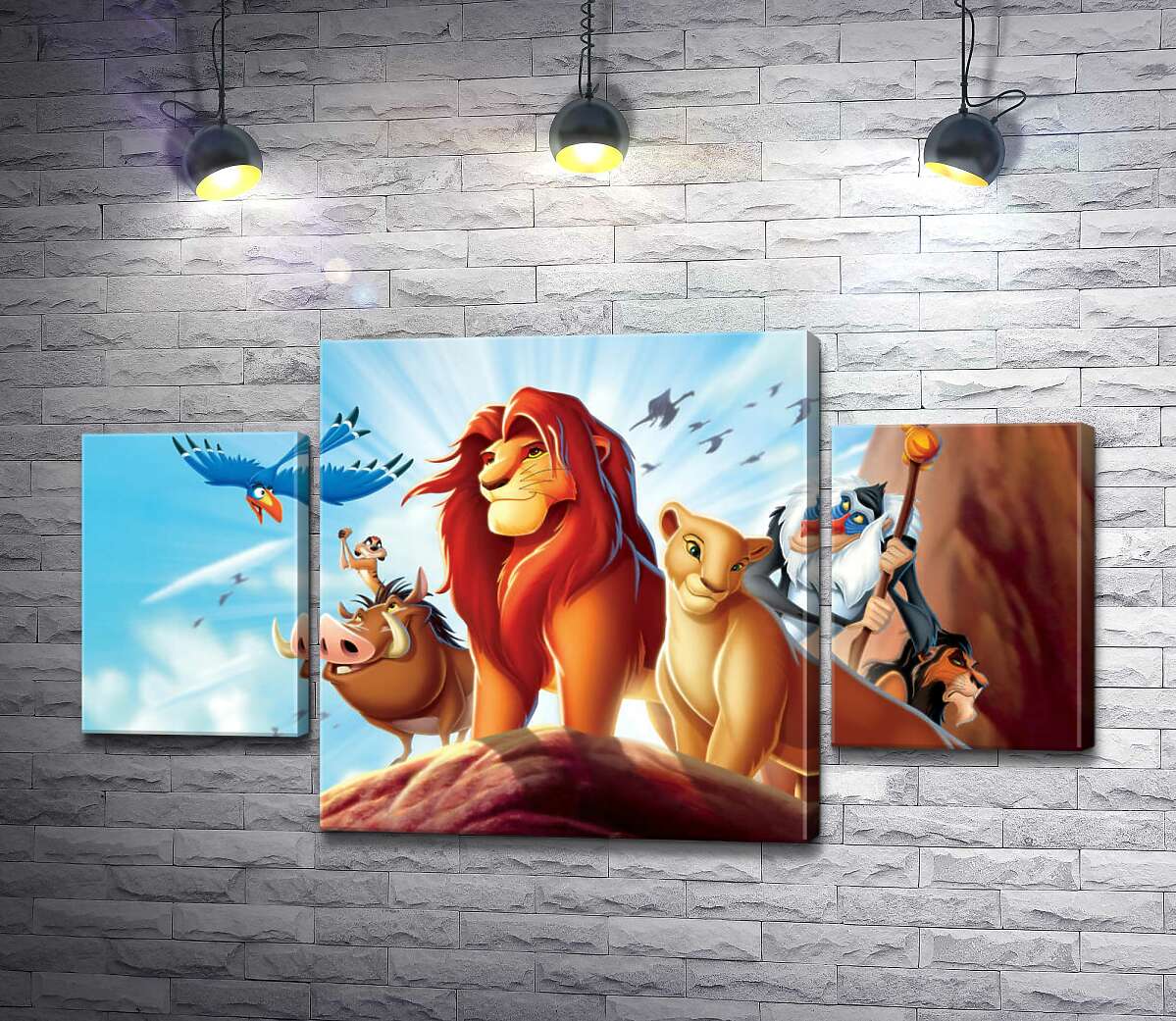 

Модульная картина ArtPoster Животные – герои мультфильма "Король Лев" (The Lion King) стоят на краю скалы во главе с Симбой 80x45 см Модуль №7