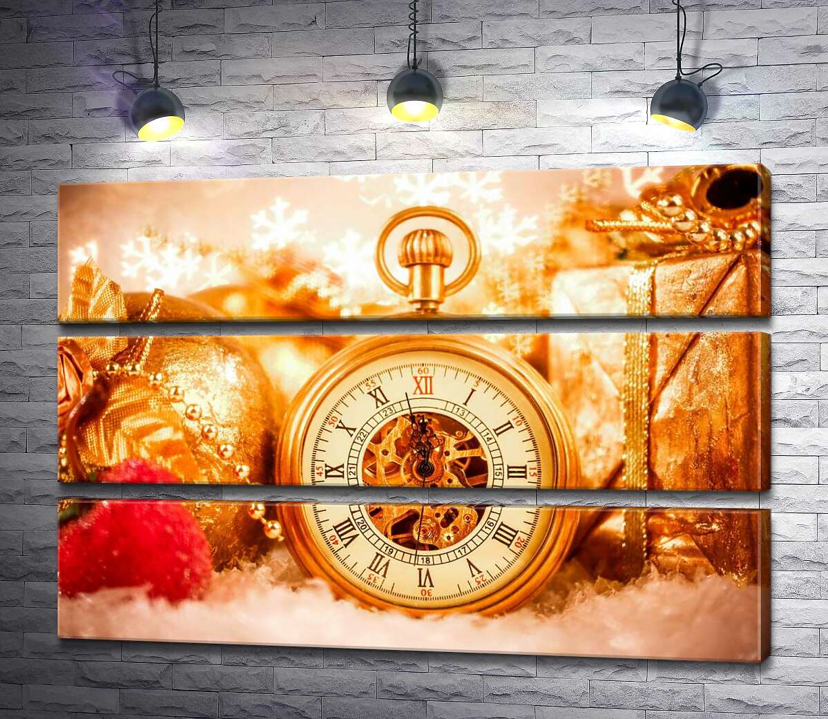 

Модульная картина ArtPoster За пять минут до Нового года на золотых часах среди подарков и игрушек 90x60 см Модуль №13