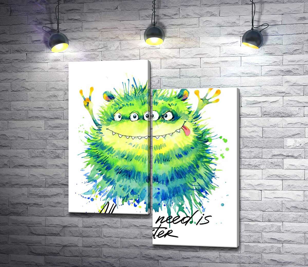 

Модульная картина ArtPoster Зеленый четырехглазый монстр с надписью "all you need is monster" 130x155 см Модуль №5
