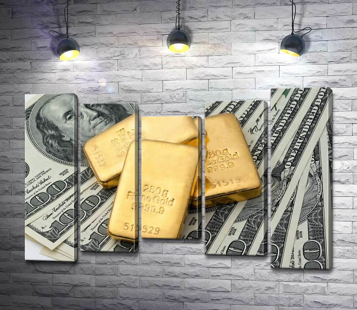 

Модульная картина ArtPoster Золотые слитки сверкают на долларовых купюрах 130x88 см Модуль №28