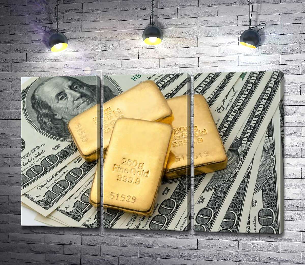 

Модульная картина ArtPoster Золотые слитки сверкают на долларовых купюрах 60x40 см Модуль №11