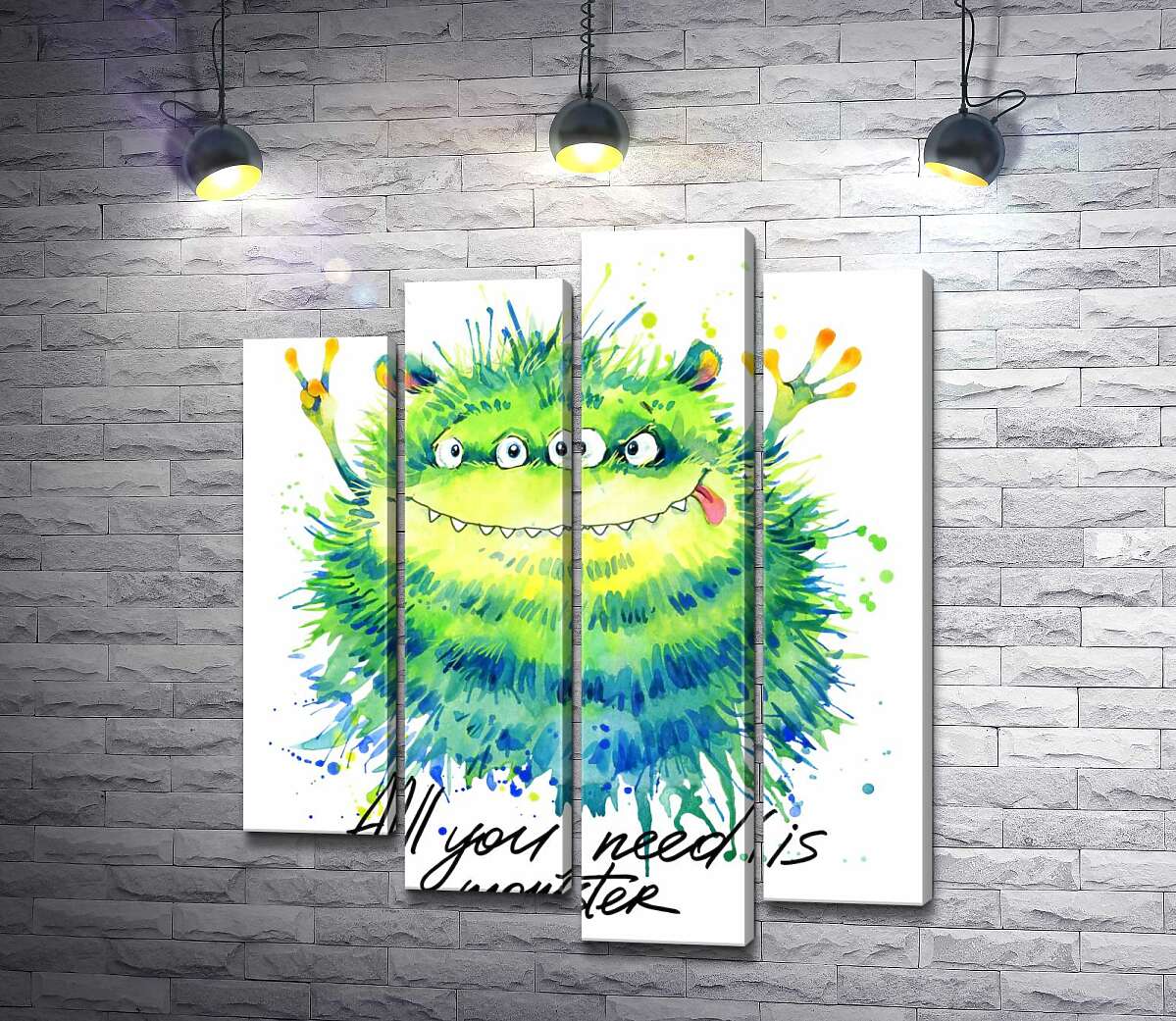 

Модульная картина ArtPoster Зеленый четырехглазый монстр с надписью "all you need is monster" 132x156 см Модуль №21