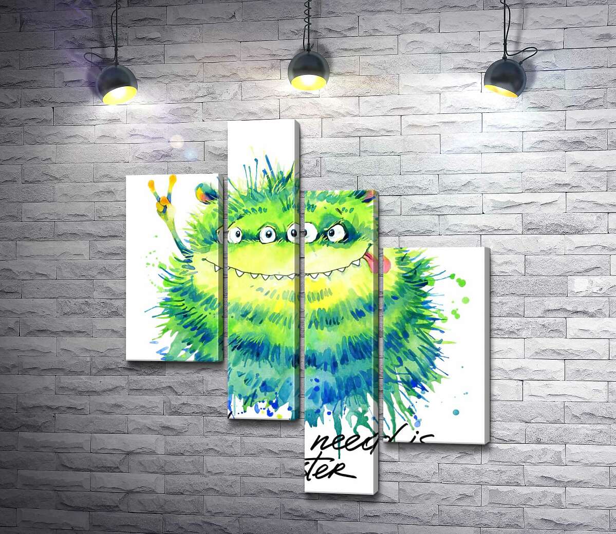 

Модульная картина ArtPoster Зеленый четырехглазый монстр с надписью "all you need is monster" 100x119 см Модуль №20