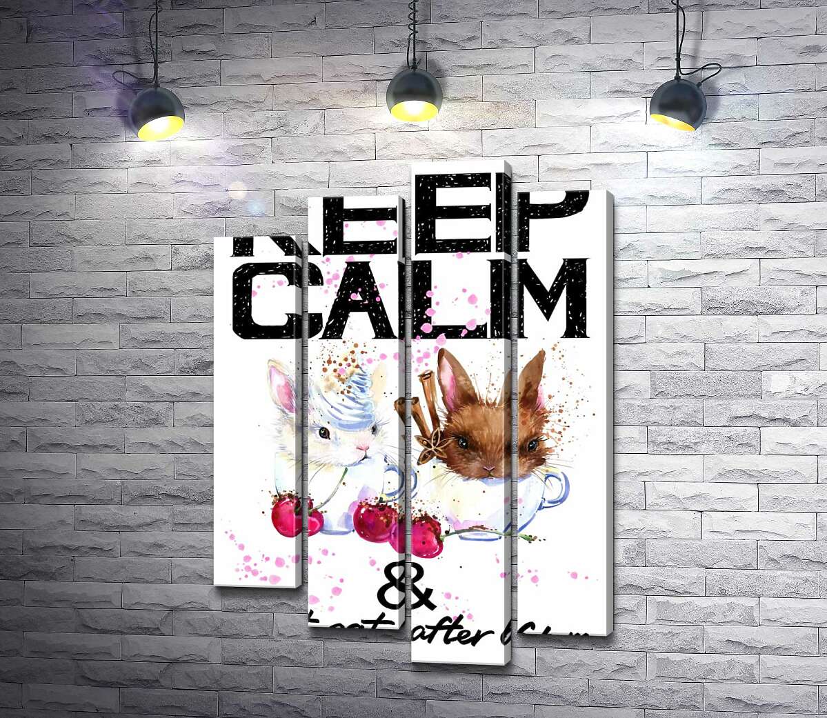 

Модульная картина ArtPoster Зайцы в чашках с кофе между надписью "keep calm and don't eat after 6 p.m." 132x192 см Модуль №21