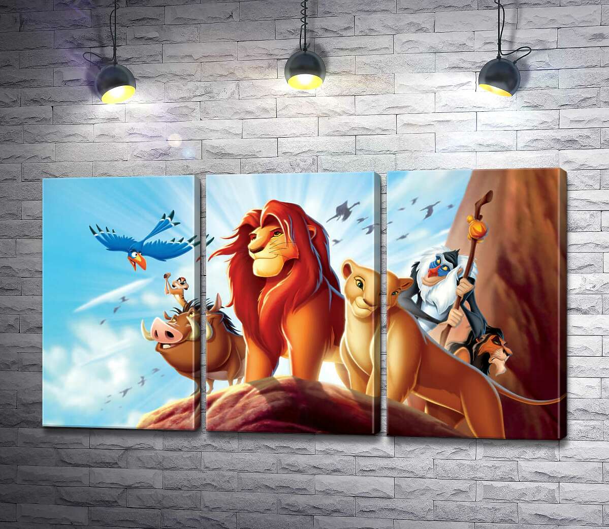 

Модульная картина ArtPoster Животные – герои мультфильма "Король Лев" (The Lion King) стоят на краю скалы во главе с Симбой 132x73 см Модуль №11