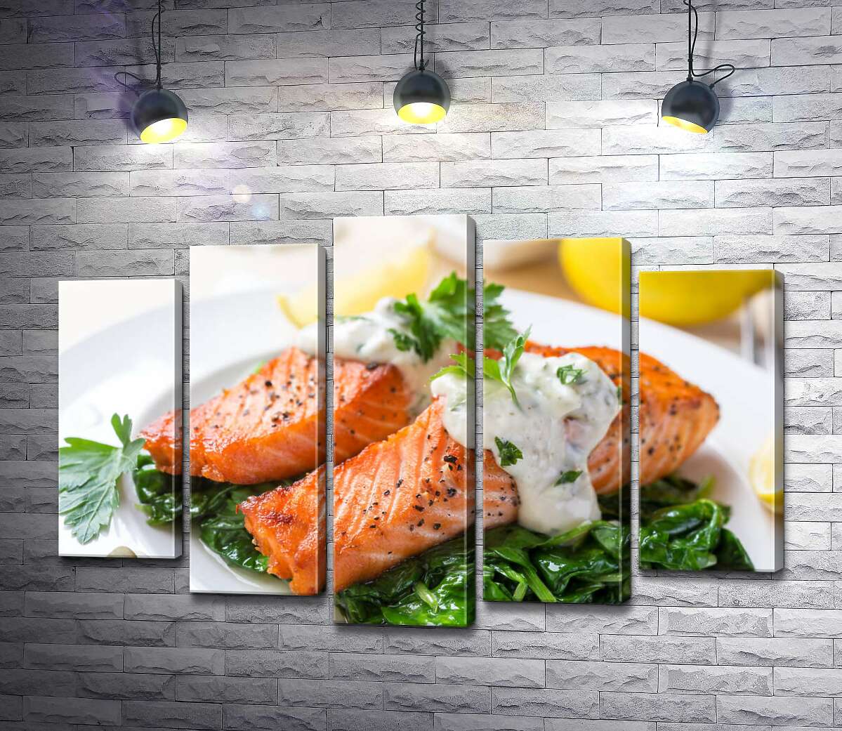 

Модульная картина ArtPoster Запеченный лосось на подушке из шпината под сливочным соусом 130x88 см Модуль №26