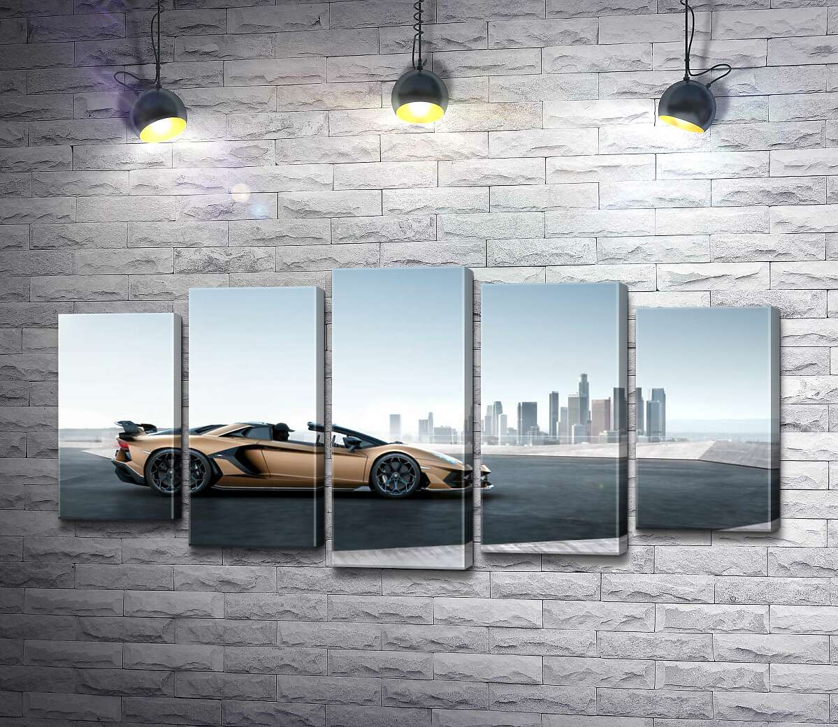 

Модульная картина ArtPoster Золотой автомобиль Ламборгини (Lamborghini Aventador) с черными элементами 100x50 см Модуль №26