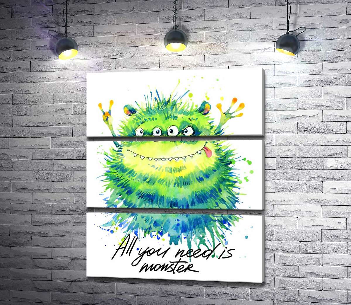 

Модульная картина ArtPoster Зеленый четырехглазый монстр с надписью "all you need is monster" 100x120 см Модуль №13