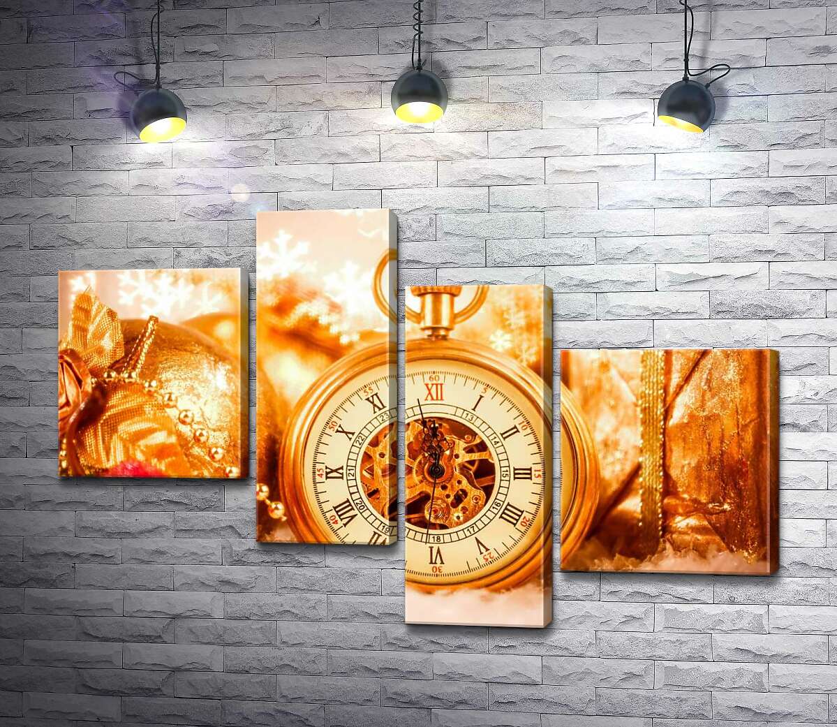 

Модульная картина ArtPoster За пять минут до Нового года на золотых часах среди подарков и игрушек 130x89 см Модуль №20
