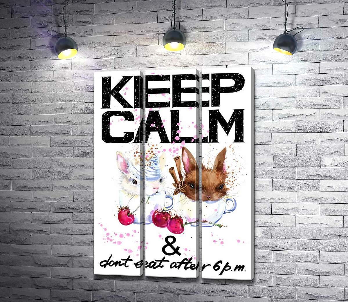 

Модульная картина ArtPoster Зайцы в чашках с кофе между надписью "keep calm and don't eat after 6 p.m." 102x146 см Модуль №11